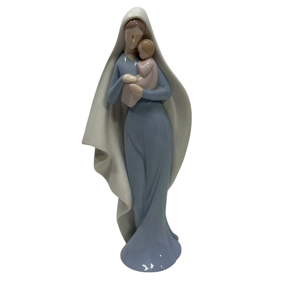 Vintage Porcelain Madonna and Child Figurine Blue White Glazed 12.5 Inch